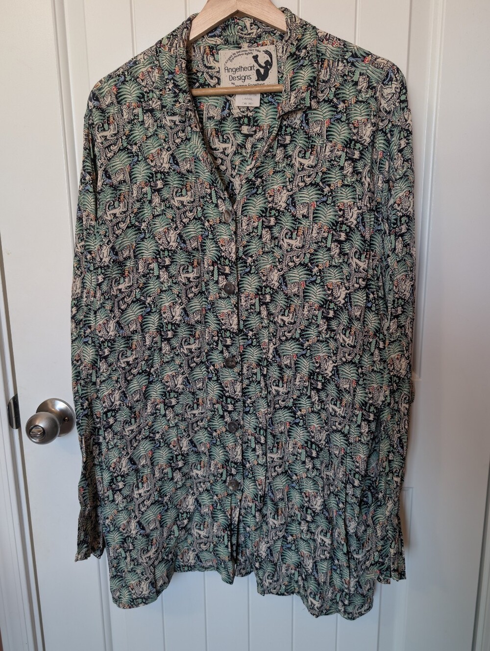 Vintage Angelheart Designs Oversized Tropical Print Blouse Large Green/Black